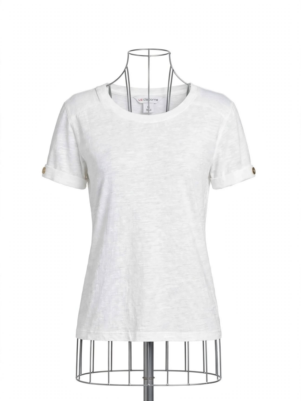Liz Claiborne White Short-Sleeve Crewneck Tee with Roll-Tab Sleeves